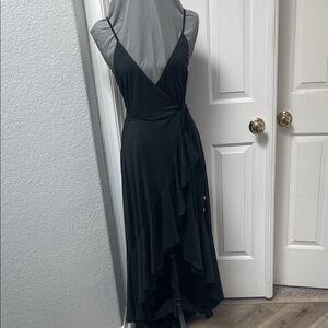 Fashionova Elegant Black Wrap Hi-lo Dress with Ruffle Hem